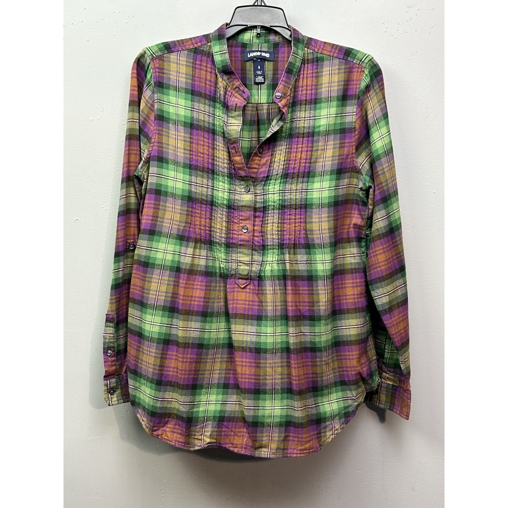 Lands' End Tunic Womens 6 Purple Green Plaid‎ Pintuck Cotton Long Sleeve Shirt
